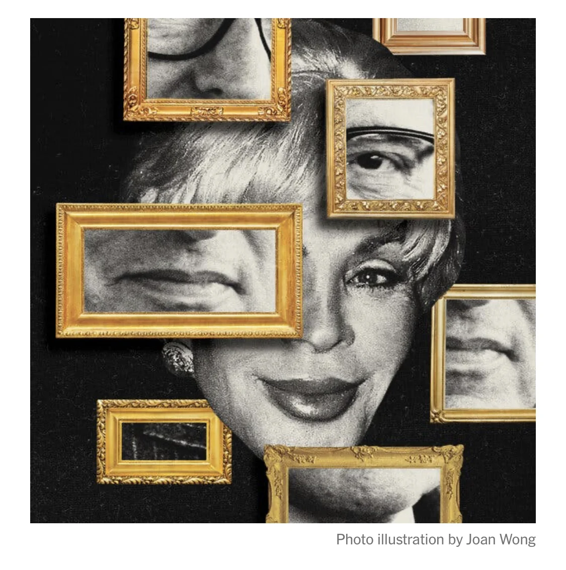 Gold-framed fragments of editorial portraits on black
